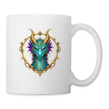 Türkiser Drachenkopf – Fantasy-Wappen in Gold - Tasse - Weiß - Rechts