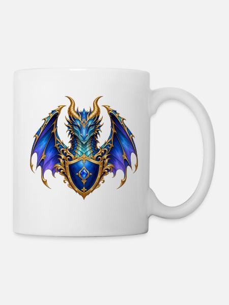 Saphirblauer Drache – Goldenes Wappenschild - Tasse - Weiß