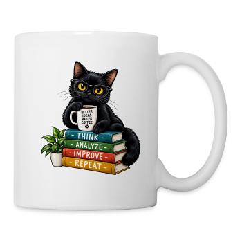 Nerdy Katze mit Kaffee und Büchern - Tasse - Weiß - Rechts