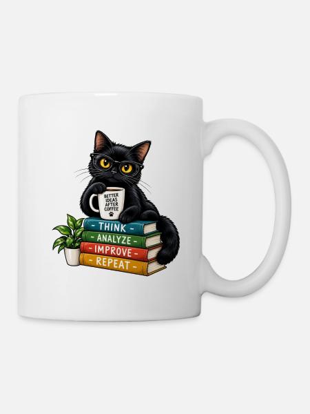 Nerdy Katze mit Kaffee und Büchern - Tasse - Weiß
