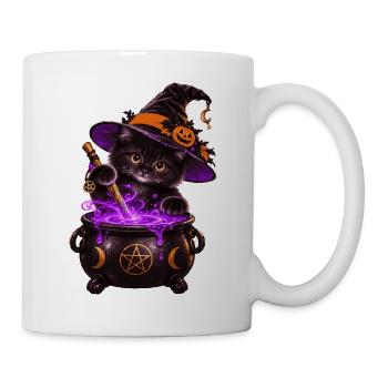 Süße Hexenkatze mit Zauberkessel – Halloween Katze - Tasse - Weiß - Rechts