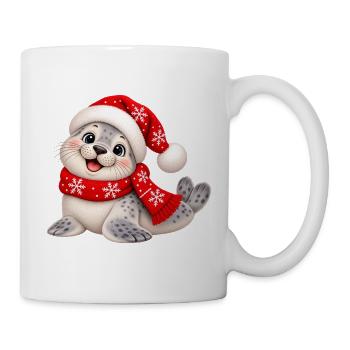 Süße Weihnachtsrobbe mit Nikolausmütze und Schal - Tasse - Weiß - Rechts