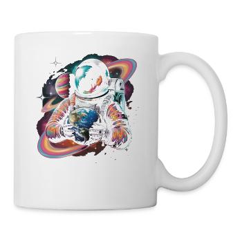 Farbenfroher Astronaut, der Erde und Planeten hält - Tasse - Weiß - Rechts