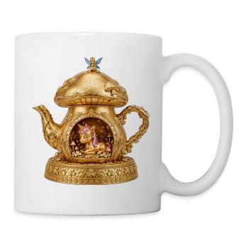 Einhorntee: Goldene, verzierte Teekanne - Tasse - Weiß - Rechts