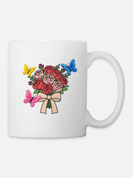 Rosen mit Schmetterlingen und Schleife - Tasse - Weiß