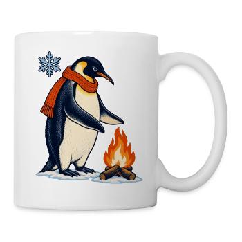 Pinguin mit Schal am Lagerfeuer - Tasse - Weiß - Rechts