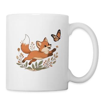 Boho Fuchs Welpe Schmetterling Line Art T-Shirt - Tasse - Weiß - Rechts