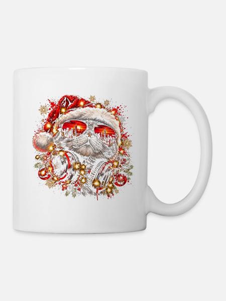 DJ Katze mit Weihnachtsmütze und Sonnenbrille - Tasse - Weiß