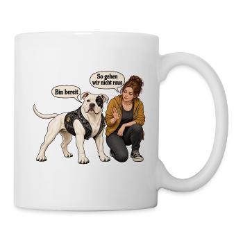 Biker-Bulldog_mit_skeptischer_Halterin - Tasse - Weiß - Rechts