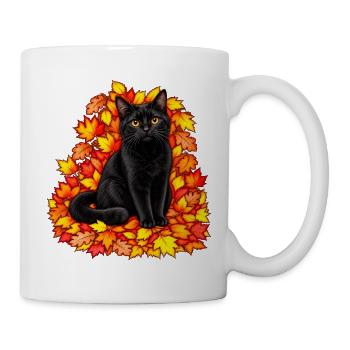 Schwarze Katze im Herbstlaub - Tasse - Weiß - Rechts