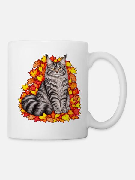 Herbstkatze auf Blätterkranz - Tasse - Weiß