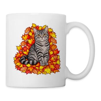 Herbstkatze in bunten Blättern - Tasse - Weiß - Rechts