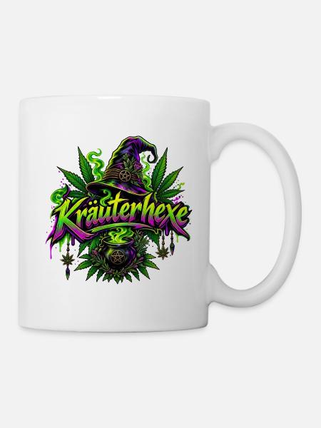 Kräuterhexe mit Hanfblatt und Hexenhut - Tasse - Weiß