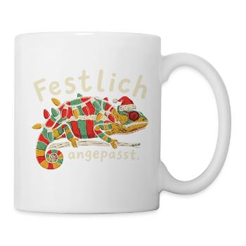 Weihnachts Chamäleon mit Lichterkette und Mütze - Tasse - Weiß - Rechts