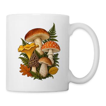 Waldpilze Shirt mit botanischer Pilzillustration  - Tasse - Weiß - Rechts