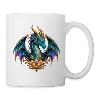 Lotusdrache – Türkiser Fantasy-Drache in Gold - Tasse - Weiß - Rechts