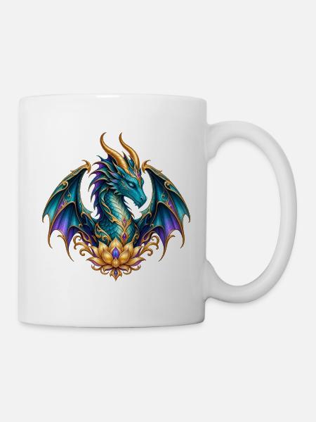 Lotusdrache – Türkiser Fantasy-Drache in Gold - Tasse - Weiß