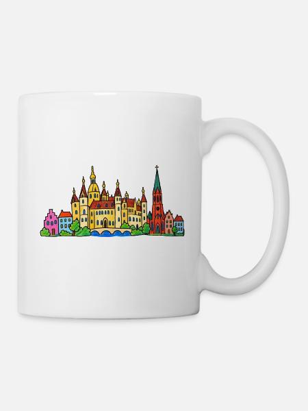 Schwerin Skyline im bunten Wachsmalstil - Tasse - Weiß