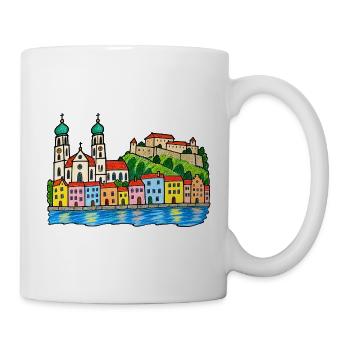 Passau Skyline im bunten Wachsmalstil - Tasse - Weiß - Rechts