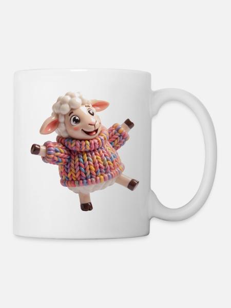 Lämmchen im bunten Strickpullover - Tasse - Weiß