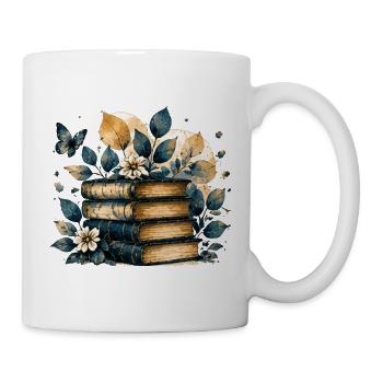 Bücherstapel in Blau und Gold – Aquarell Bücher - Tasse - Weiß - Rechts