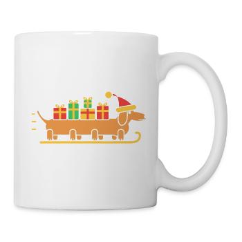 Langer Dackel als Schlitten mit Geschenken - Tasse - Weiß - Rechts