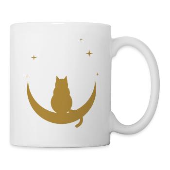 Katze auf dem Mond – goldene, sternenbedeckte Silhouette - Tasse - Weiß - Rechts