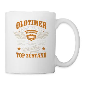 Oldtimer November 1986 - Geburtstag - Geschenk - Tasse - Weiß - Rechts