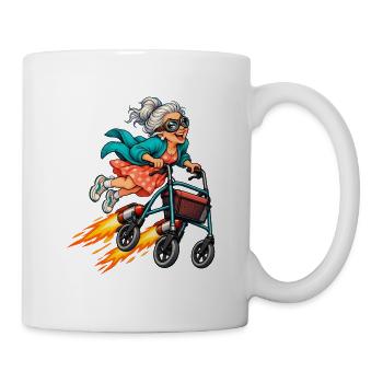Lustige Oma mit Raketenrollator und Fliegerbrille - Tasse - Weiß - Rechts