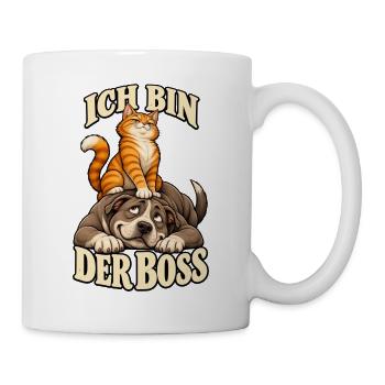 Bosskatze auf Hund – Cartoon Humor - Tasse - Weiß - Rechts