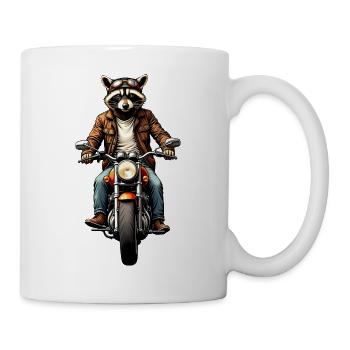 Waschbär auf Oldtimer-Motorrad, Gravur – ohne Text - Tasse - Weiß - Rechts