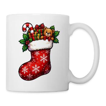 Weihnachtsstrumpf mit Teddy und Geschenken - Tasse - Weiß - Rechts