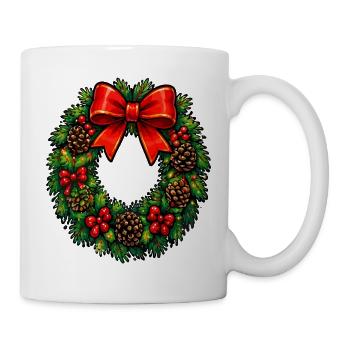 Weihnachtskranz mit roter Schleife - Tasse - Weiß - Rechts