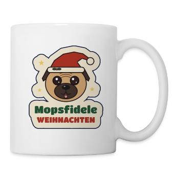 Mopsfidele Weihnachten – Mops mit Weihnachtsmütze - Tasse - Weiß - Rechts