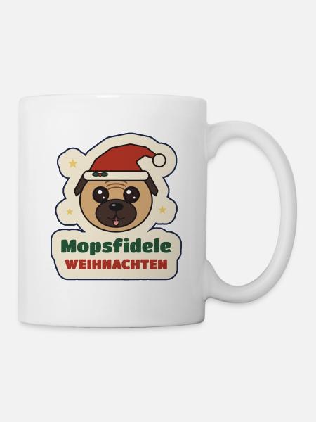 Mopsfidele Weihnachten – Mops mit Weihnachtsmütze - Tasse - Weiß