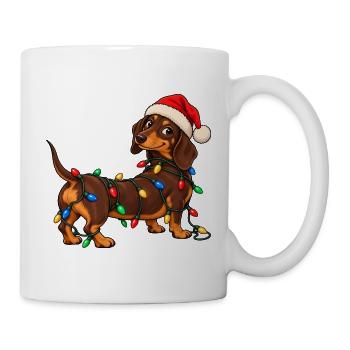 Lustiger Weihnachtsdackel mit bunter Lichterkette - Tasse - Weiß - Rechts