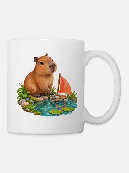 Kleines Capybara am Kieselboot - Tasse - Weiß