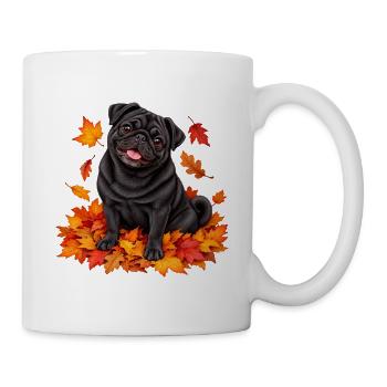 Schwarzer Mops mit bunten Blättern - Tasse - Weiß - Rechts