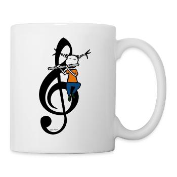 Flötenleben – T-Shirt mit Flötist mit Violinschlüssel - Tasse - Weiß - Rechts