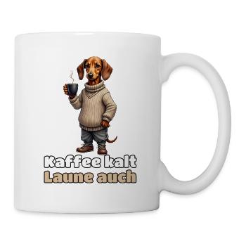 Kaffee kalt, Laune auch – Dackel im Gravur-Stil - Tasse - Weiß - Rechts