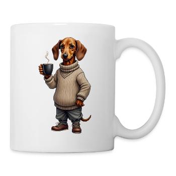 Müder Dackel mit Kaffeebecher – Gravur ohne Text - Tasse - Weiß - Rechts