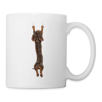 Hängender Dackel von hinten gesehen – Witziger Hund auf einem Kofferraum - Tasse - Weiß - Rechts