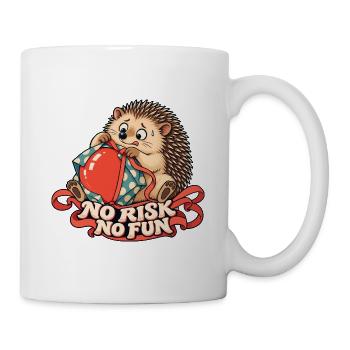 Igel mit Geschenk – No Risk No Fun - Tasse - Weiß - Rechts