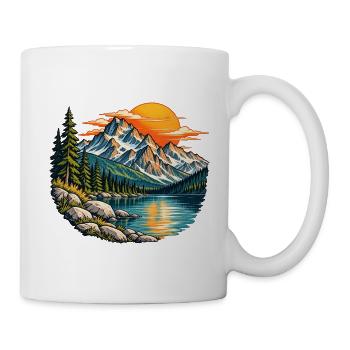 Bergsee mit Tannen und orangefarbener Sonne - Tasse - Weiß - Rechts
