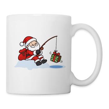 Weihnachtsmann beim Eisangeln mit Geschenk - Tasse - Weiß - Rechts