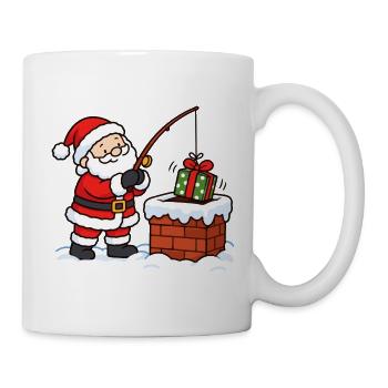 Weihnachtsmann angelt Geschenk am Kamin  - Tasse - Weiß - Rechts