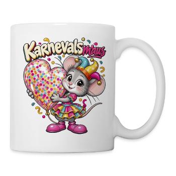 Süße Karnevalsmaus im bunten Kleid mit Herzballon - Tasse - Weiß - Rechts