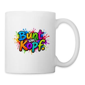 Bunt im Kopf – Farbspritzer - Tasse - Weiß - Rechts