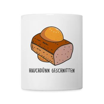 Leberkäse Semmel - Brot - Hauchdünn geschnitten - Tasse - Weiß - Vorne