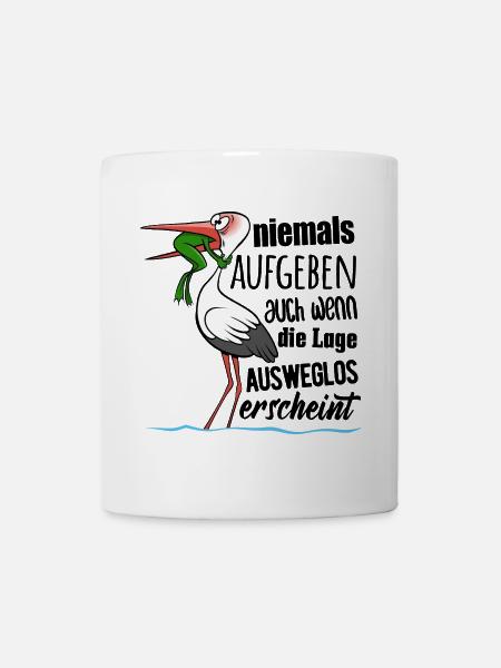 Frosch und Storch - Niemals Aufgeben - Spruch - Tasse - Weiß